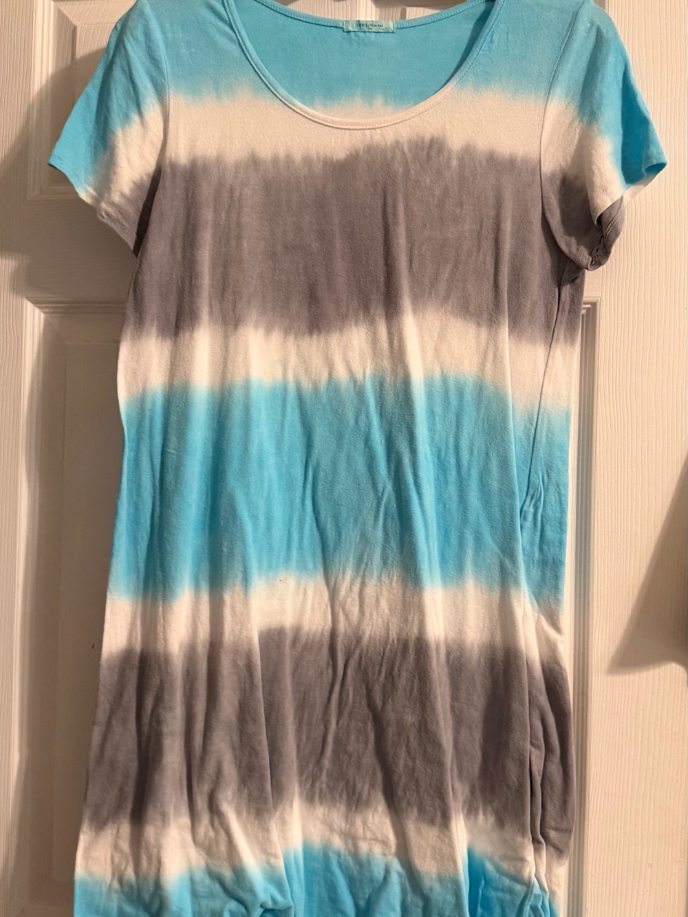 12 Pm By Mon Ami Blue, White & Gray Striped Tie-Dye Short Sleeve Top